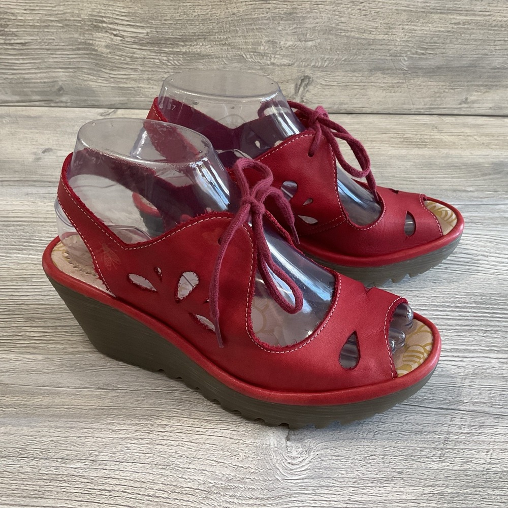 Fly London Yend Platform Wedge Lace Up Sandals Women's Size EU 37 US 6-6.5 Red
